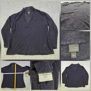 Eileen Fisher Linen Sweater Womens Large Blue Knit V Neck Pullover Lightweight